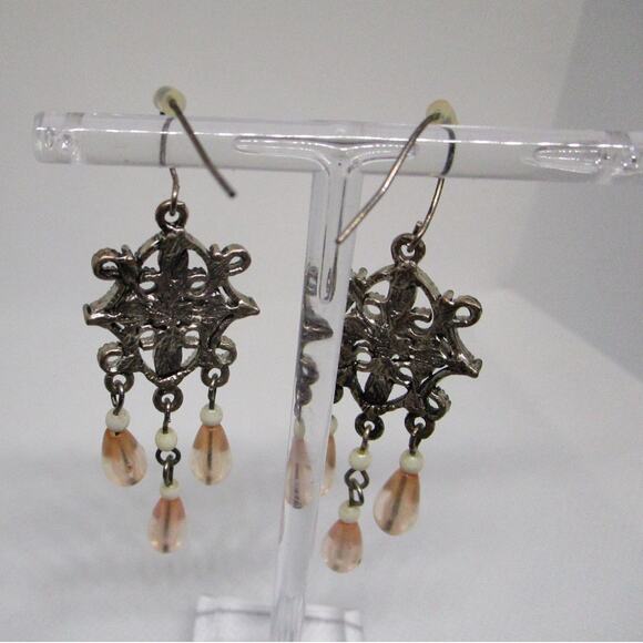 Vintage Chandelier Dangle Earrings Filigree Peach Teardrop Rhinestones Boho Glam - Picture 5 of 16